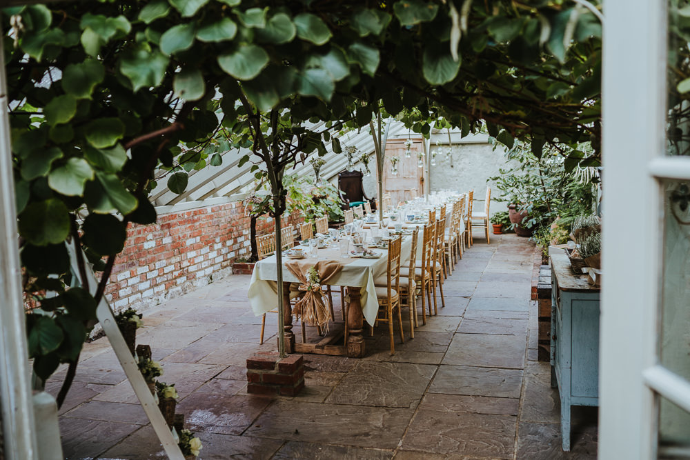 Glass House Reception Secret Garden Kent Trees Hessian Burlap Tables Festoon Lights Hanging Flowers Micro Wedding Nicola Dawson Photography