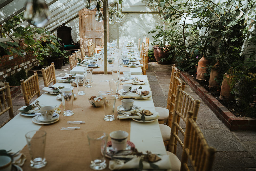 Glass House Reception Secret Garden Kent Trees Hessian Burlap Tables Festoon Lights Hanging Flowers Micro Wedding Nicola Dawson Photography