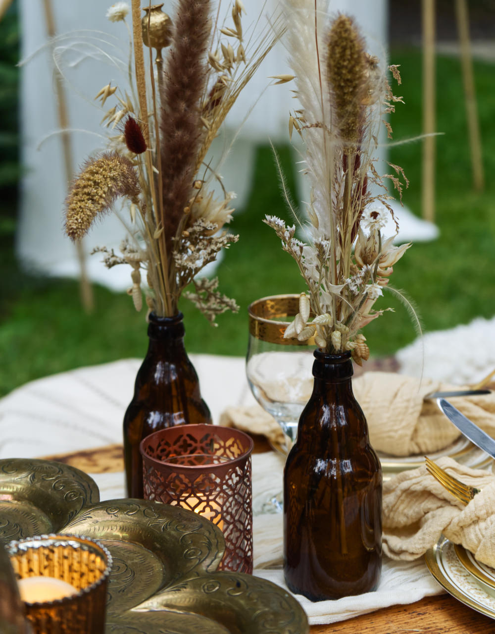 Brown Bottles Flowers Grasses Pampas Grass Seeds Moroccan Wedding Inspiration Luke Batchelor Productions