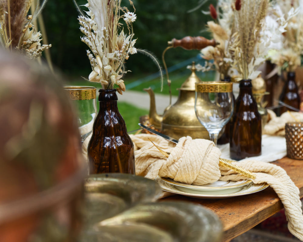 Centrepiece Table Tablescape Decor Gold Copper Dried Flowers Seeds Grass Moroccan Wedding Inspiration Luke Batchelor Productions