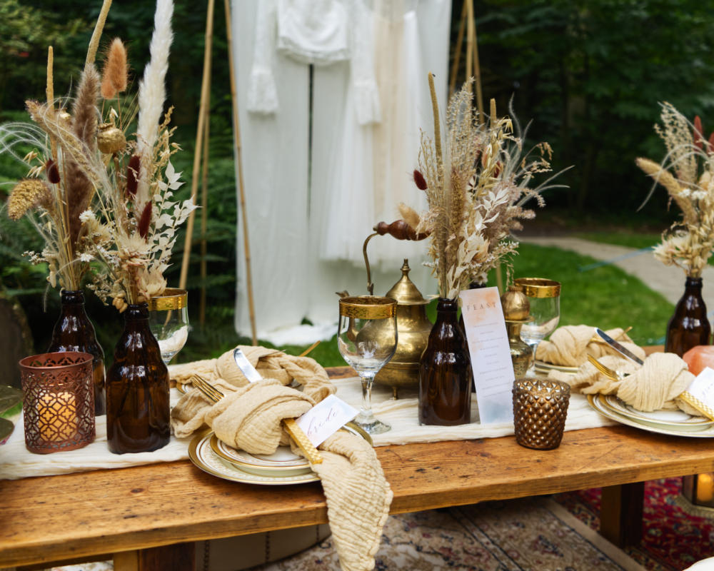 Centrepiece Table Tablescape Decor Gold Copper Dried Flowers Seeds Grass Moroccan Wedding Inspiration Luke Batchelor Productions