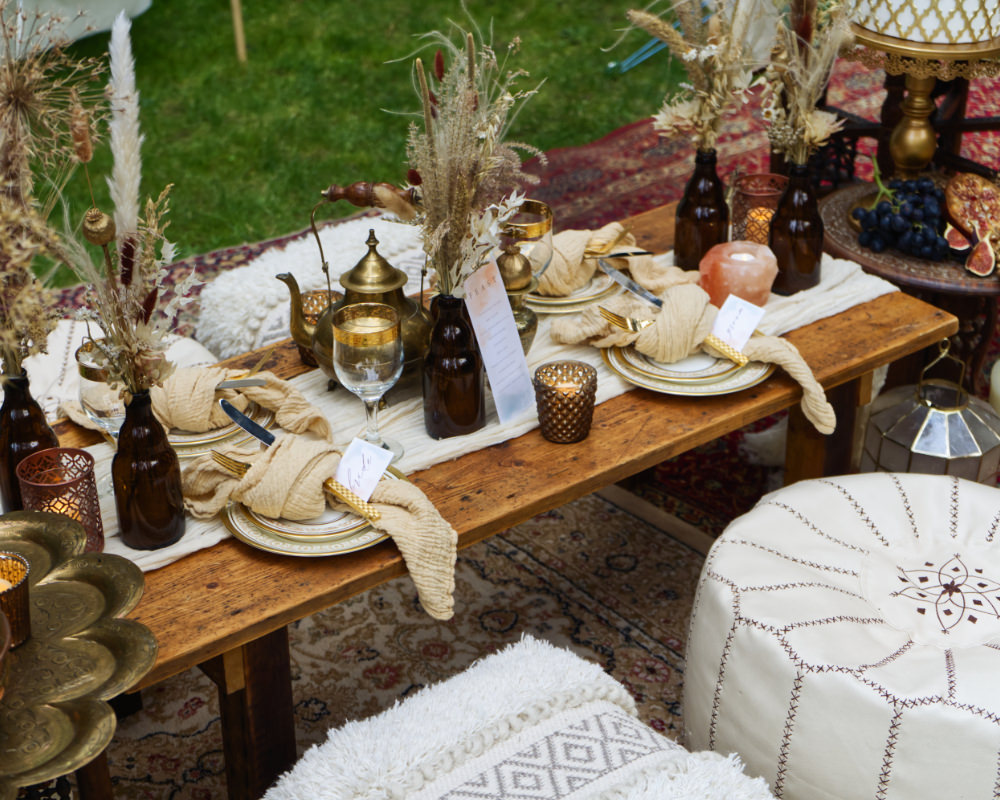 Centrepiece Table Tablescape Decor Gold Copper Dried Flowers Seeds Grass Moroccan Wedding Inspiration Luke Batchelor Productions