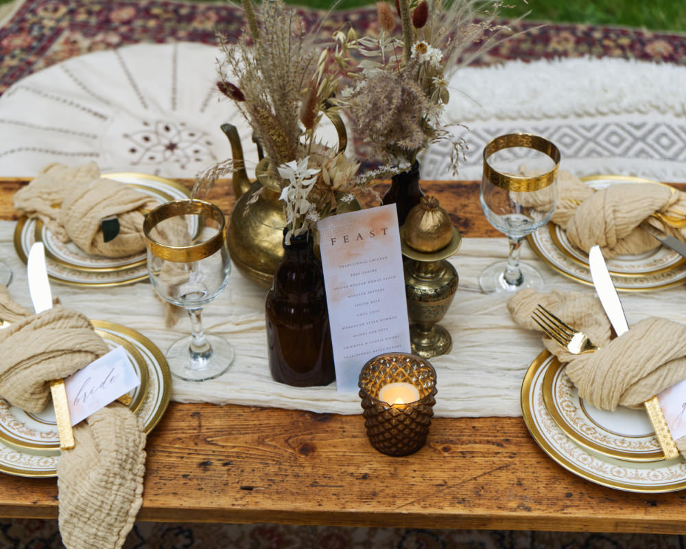 Centrepiece Table Tablescape Decor Gold Copper Dried Flowers Seeds Grass Moroccan Wedding Inspiration Luke Batchelor Productions
