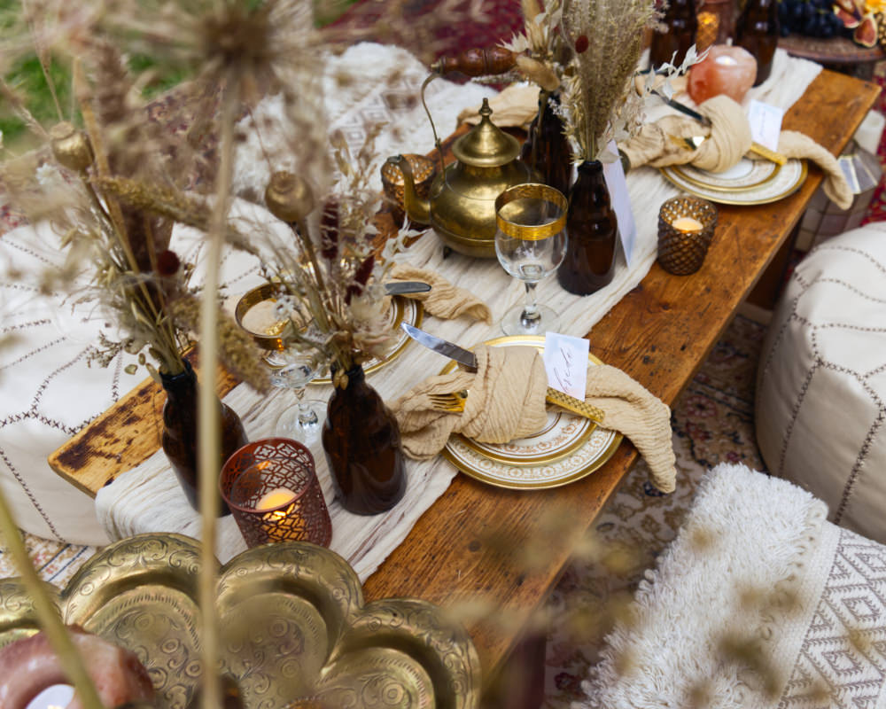 Centrepiece Table Tablescape Decor Gold Copper Dried Flowers Seeds Grass Moroccan Wedding Inspiration Luke Batchelor Productions