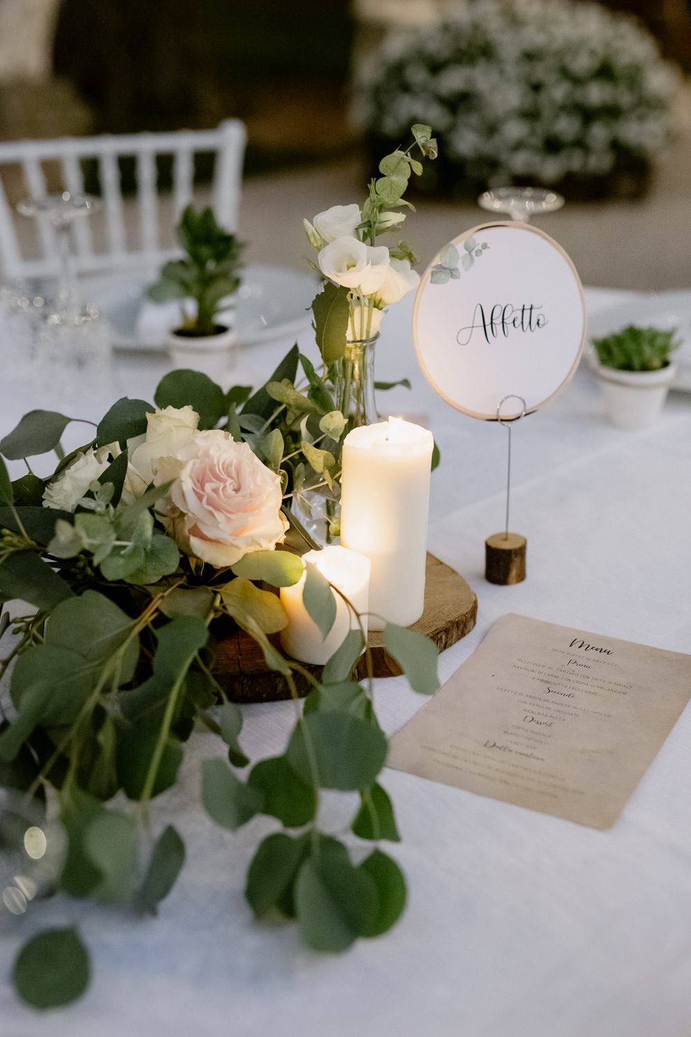 Centrepiece Flowers Log Candles Table Name Natural Italy Villa Wedding Flavia Eleonora Tullio