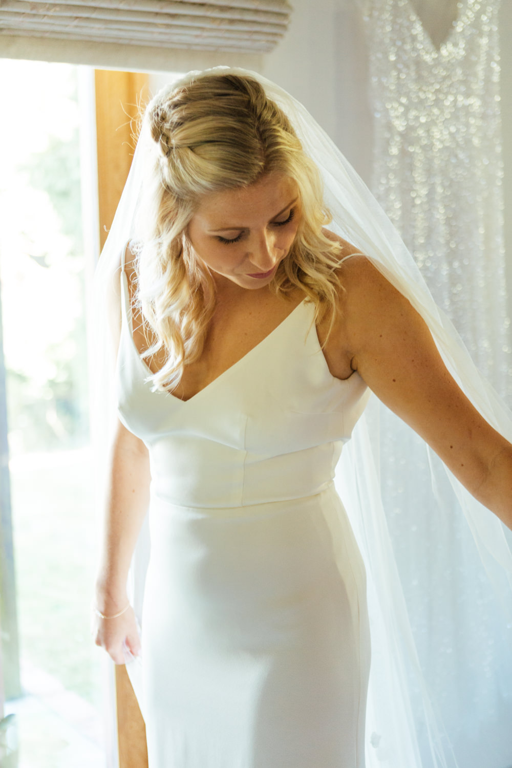 Dress Gown Bride Bridal Slip Veil Oak Barn Wedding Matilda Delves Photography