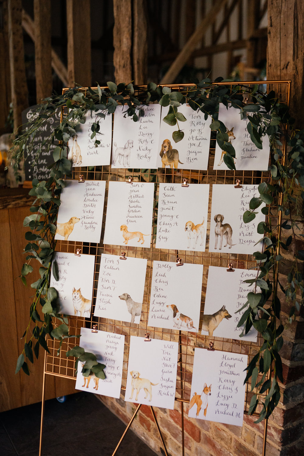 Table Plan Seating Chart Dog Greenery Foliage Oak Barn Wedding Matilda Delves Photography