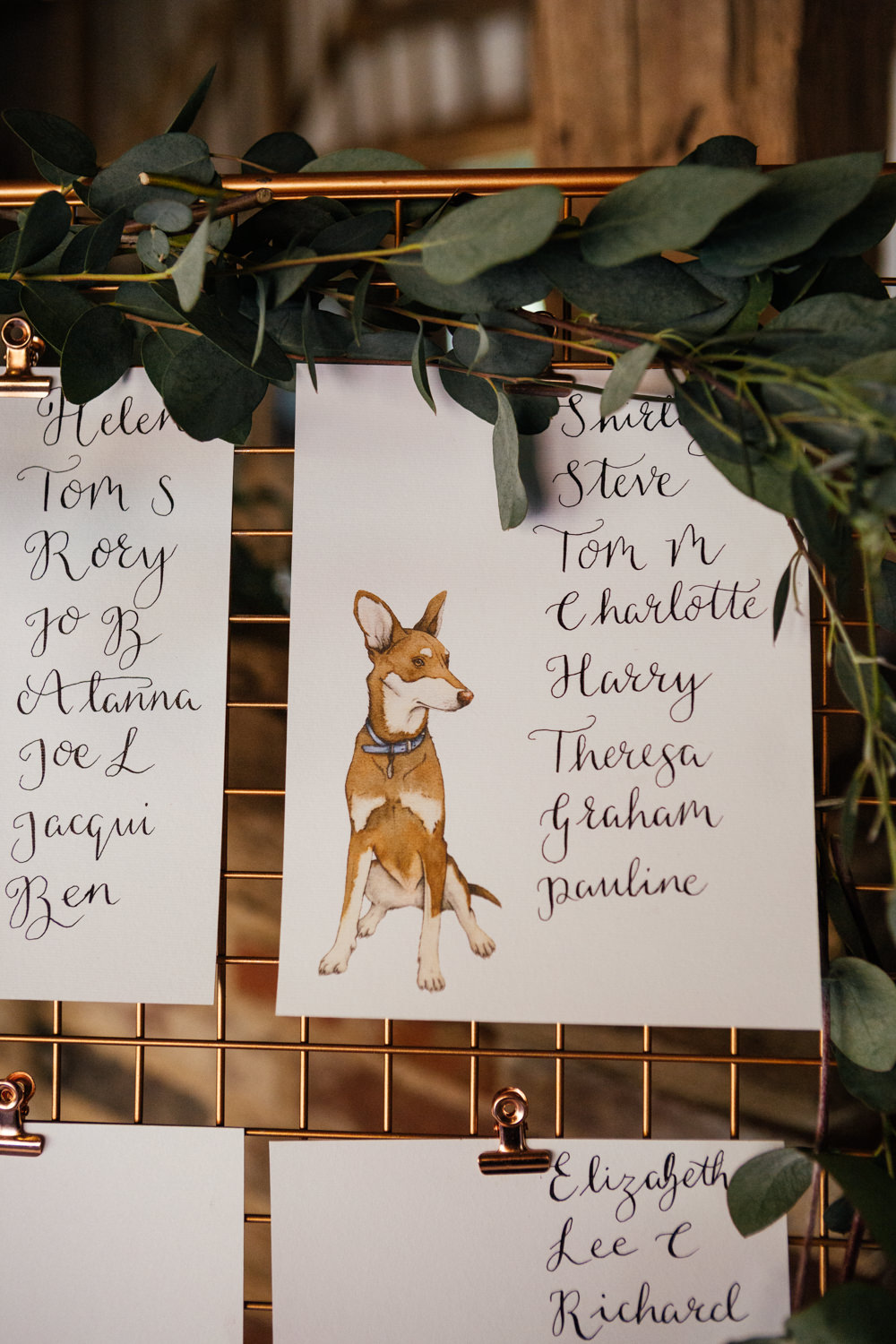 Table Plan Seating Chart Dog Greenery Foliage Oak Barn Wedding Matilda Delves Photography