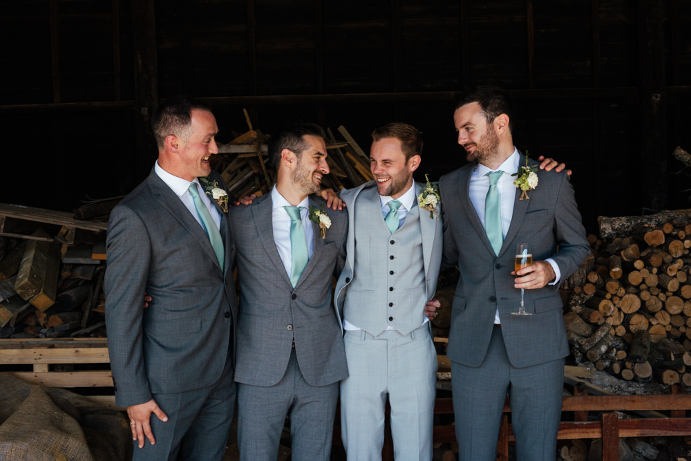 Groom Groomsmen Suit Grey Green Tie Brown Shoes Oak Barn Wedding Matilda Delves Photography