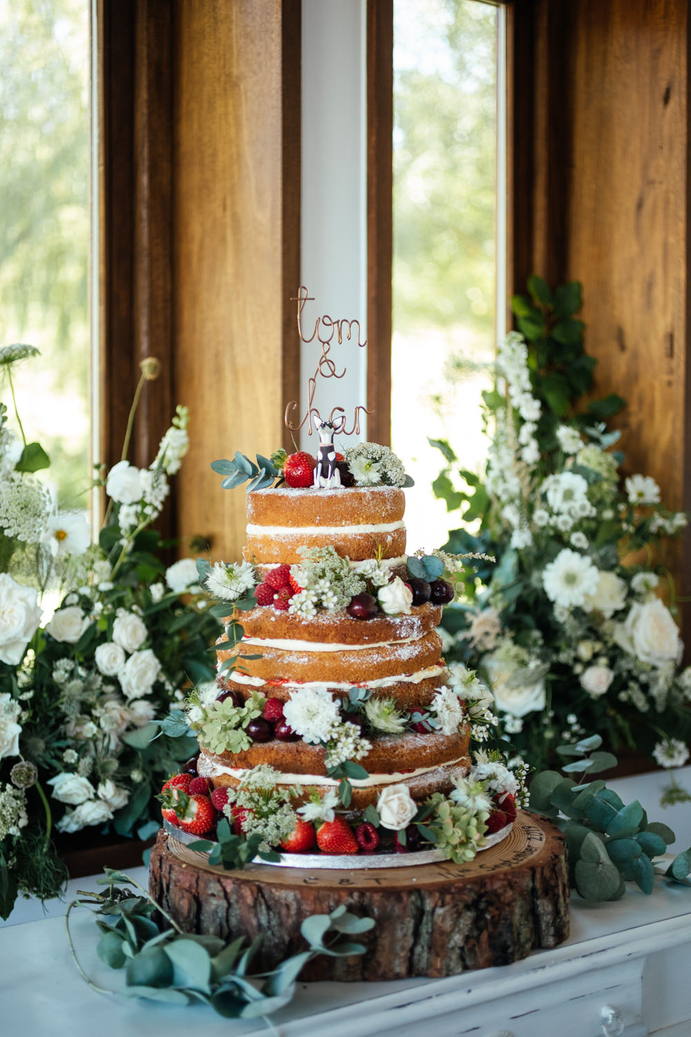 Naked Cake Sponge Layer Fruit Berries Flowers Log Stand Oak Barn Wedding Matilda Delves Photography