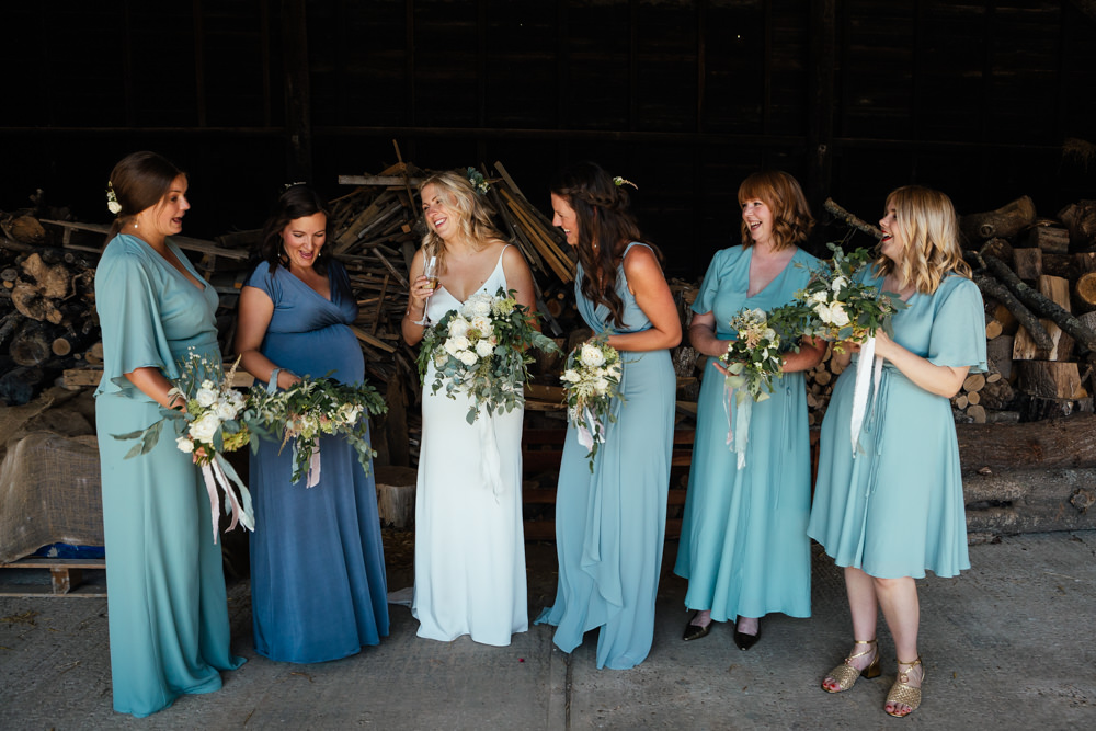 Bridesmaids Bridesmaid Dress Dresses Mismatched Rewritten Blue Green Oak Barn Wedding Matilda Delves Photography