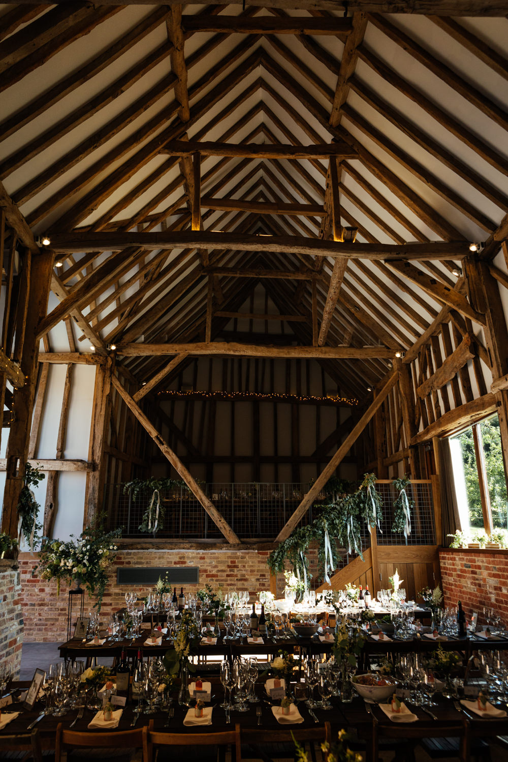 Long Wooden Tables Greenery Foliage Oak Barn Wedding Matilda Delves Photography