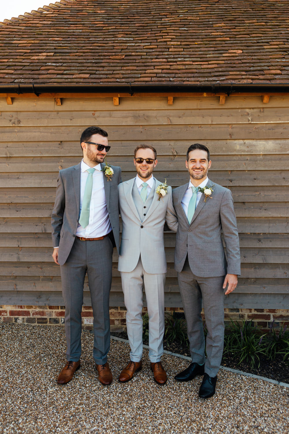 Groom Groomsmen Suit Grey Green Tie Brown Shoes Oak Barn Wedding Matilda Delves Photography