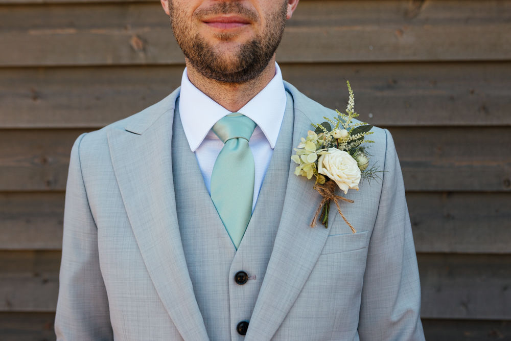 Groom Groomsmen Suit Grey Green Tie Brown Shoes Buttonhole Oak Barn Wedding Matilda Delves Photography