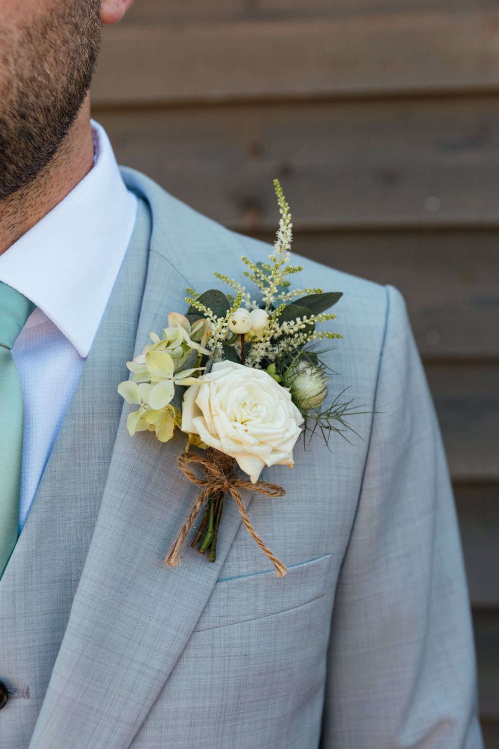 Groom Groomsmen Suit Grey Green Tie Brown Shoes Buttonhole Flowers Oak Barn Wedding Matilda Delves Photography