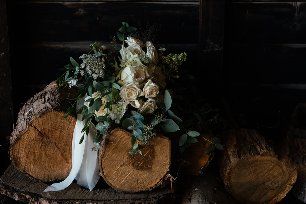 Bouquet Flowers Bride Bridal Rose Eucalyptus Ribbon Oak Barn Wedding Matilda Delves Photography