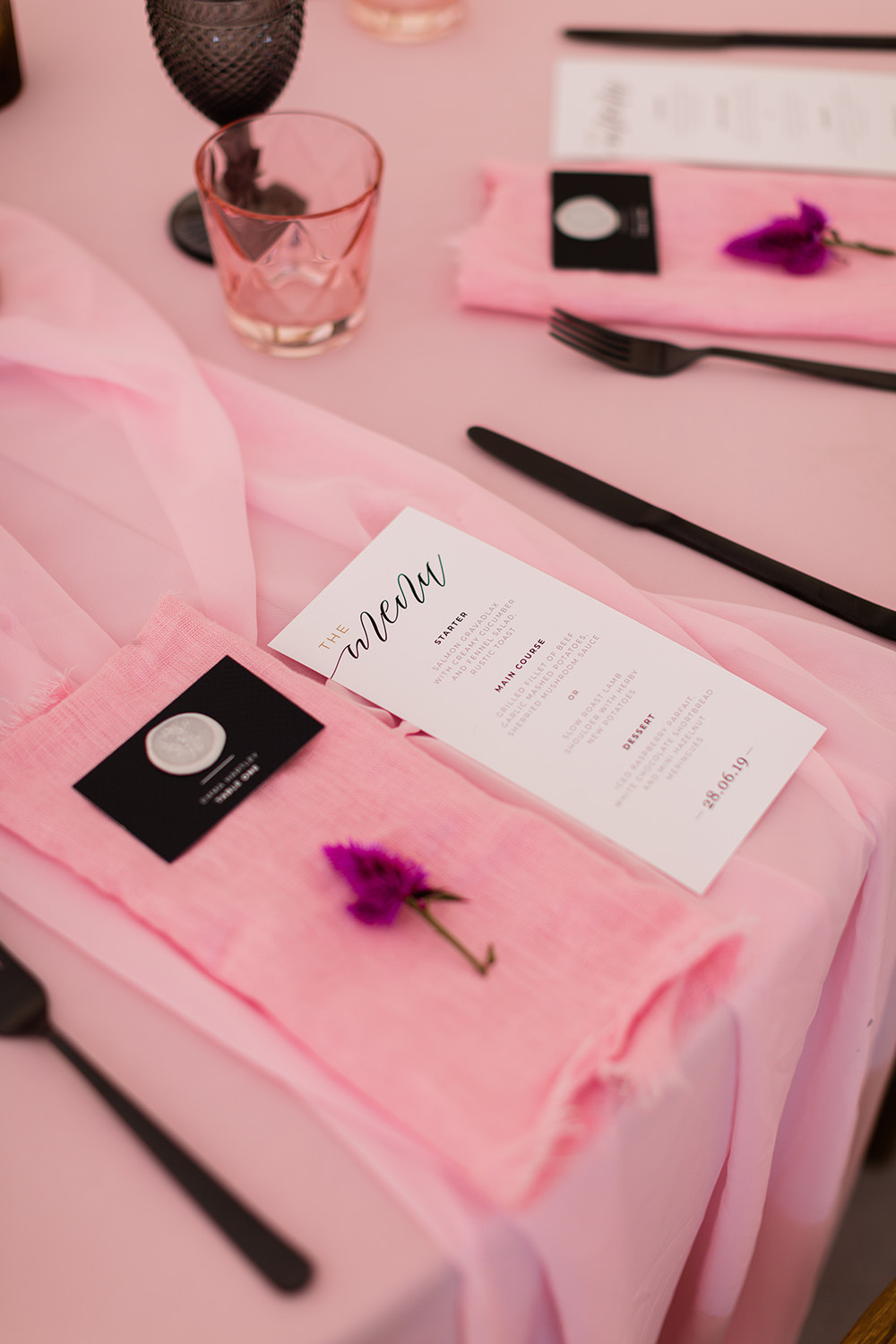 Modern Decor Stationery Table Cloth Runner Black Cutlery Table Pink Geodome Wedding Ideas Louise Henesy Photography