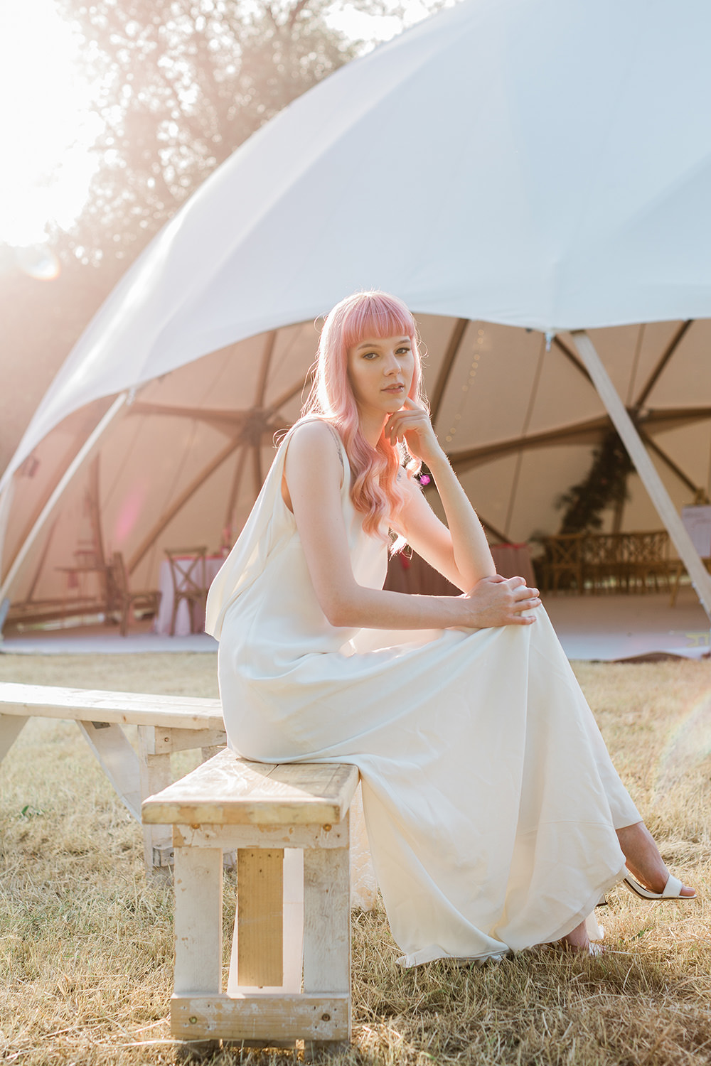 Bride Bridal Dress Gown Modern Sleek Low Cowl Back Hair Fringe Bangs Pink Geodome Wedding Ideas Louise Henesy Photography