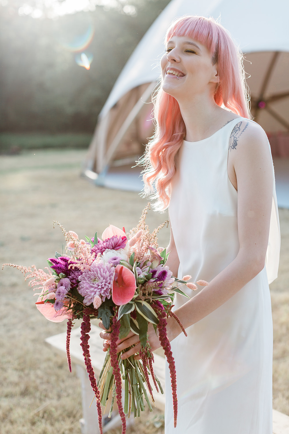 Pink Geodome Wedding Ideas Louise Henesy Photography Bride Bridal Dress Gown Modern Sleek Low Cowl Back Hair Fringe Bangs