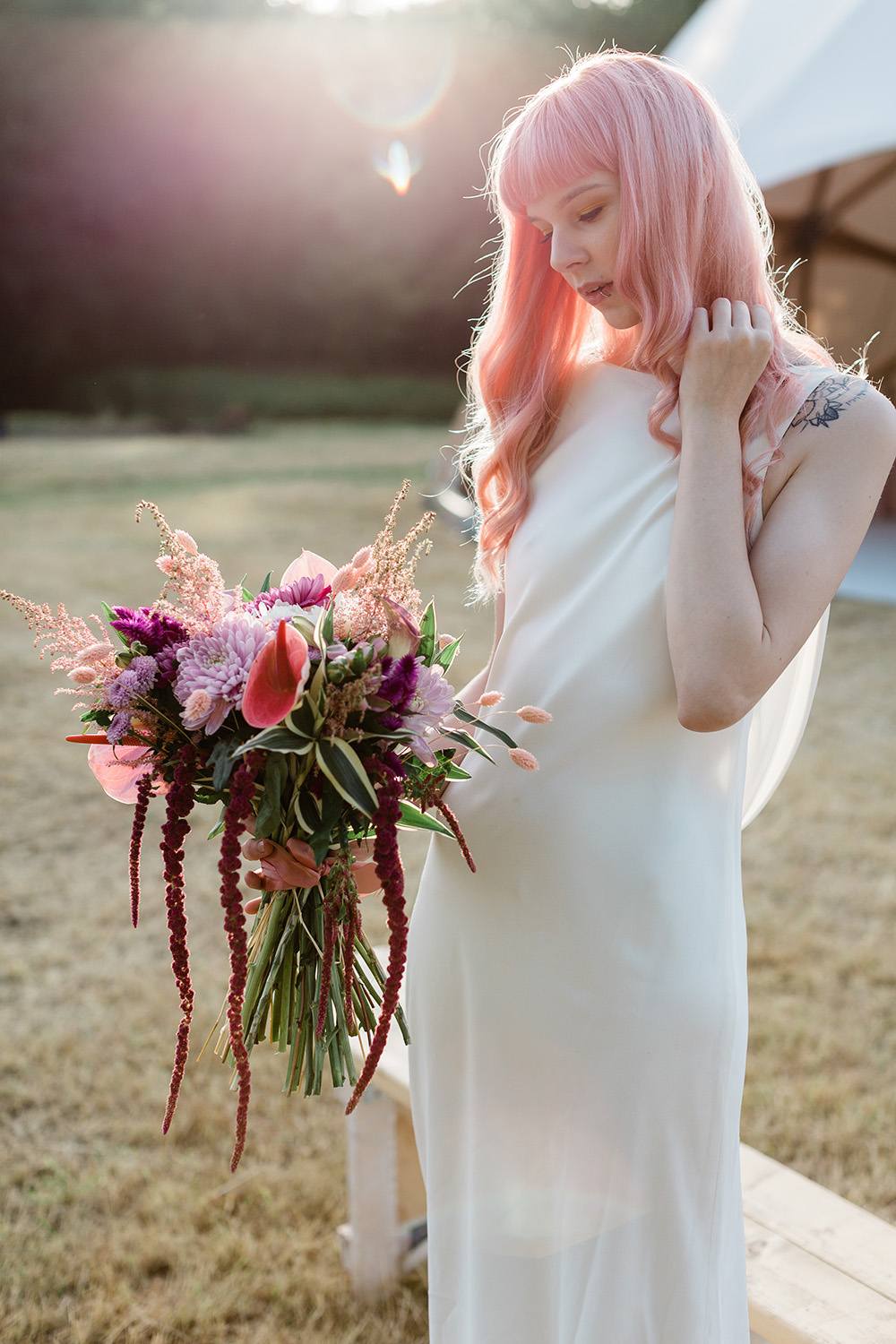 Bouquet Flowers Bride Bridal Astilbe Dahlia Lily Amaranthus Red Pink Geodome Wedding Ideas Louise Henesy Photography