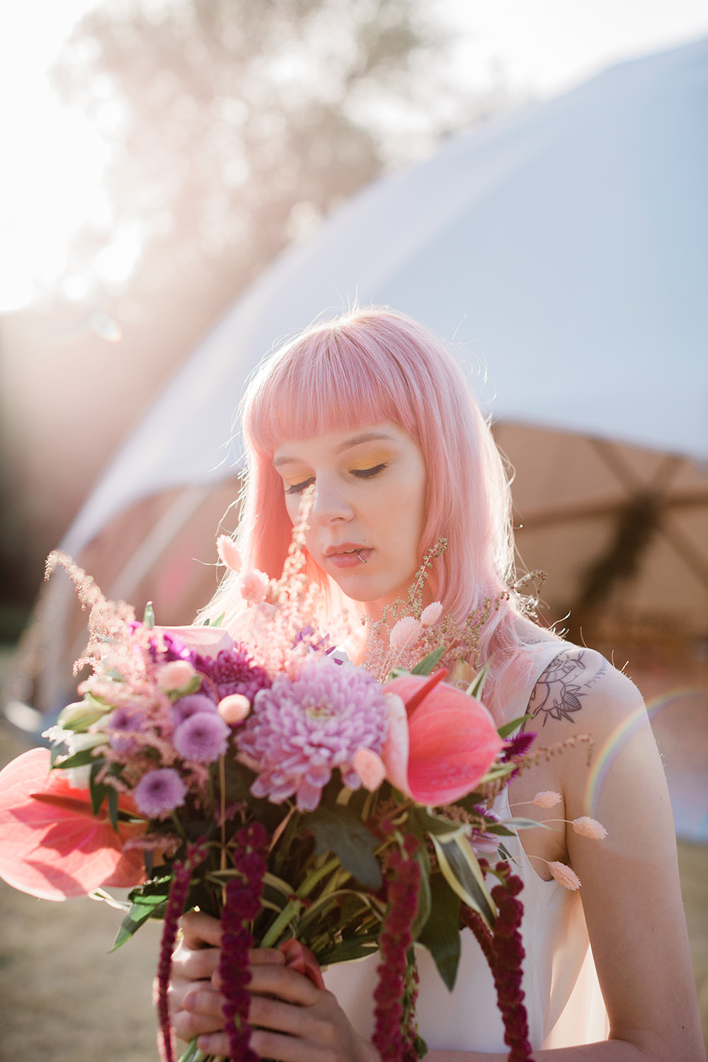 Bouquet Flowers Bride Bridal Astilbe Dahlia Lily Amaranthus Red Pink Geodome Wedding Ideas Louise Henesy Photography
