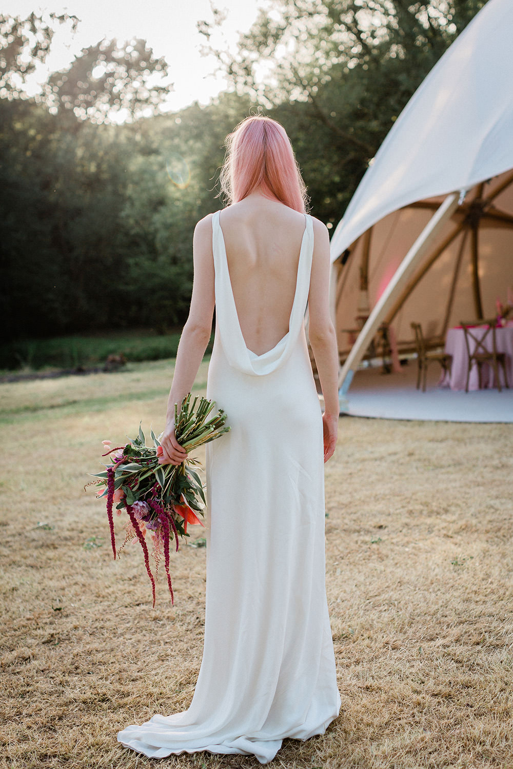 Bride Bridal Dress Gown Modern Sleek Low Cowl Back Hair Fringe Bangs Pink Geodome Wedding Ideas Louise Henesy Photography