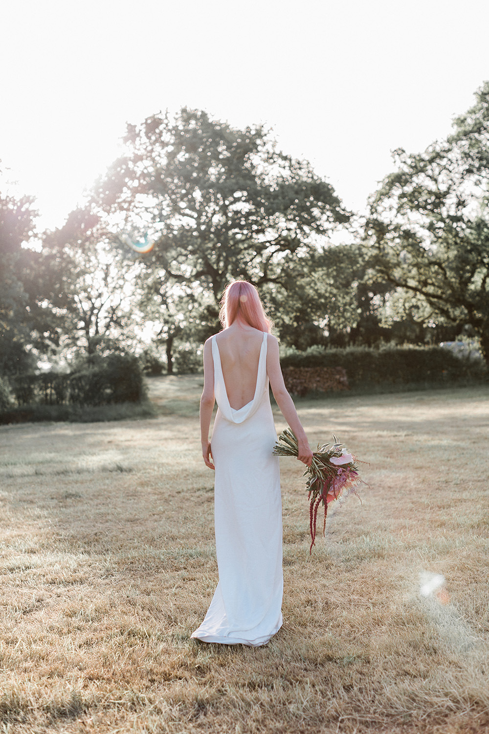 Bride Bridal Dress Gown Modern Sleek Low Cowl Back Hair Fringe Bangs Pink Geodome Wedding Ideas Louise Henesy Photography