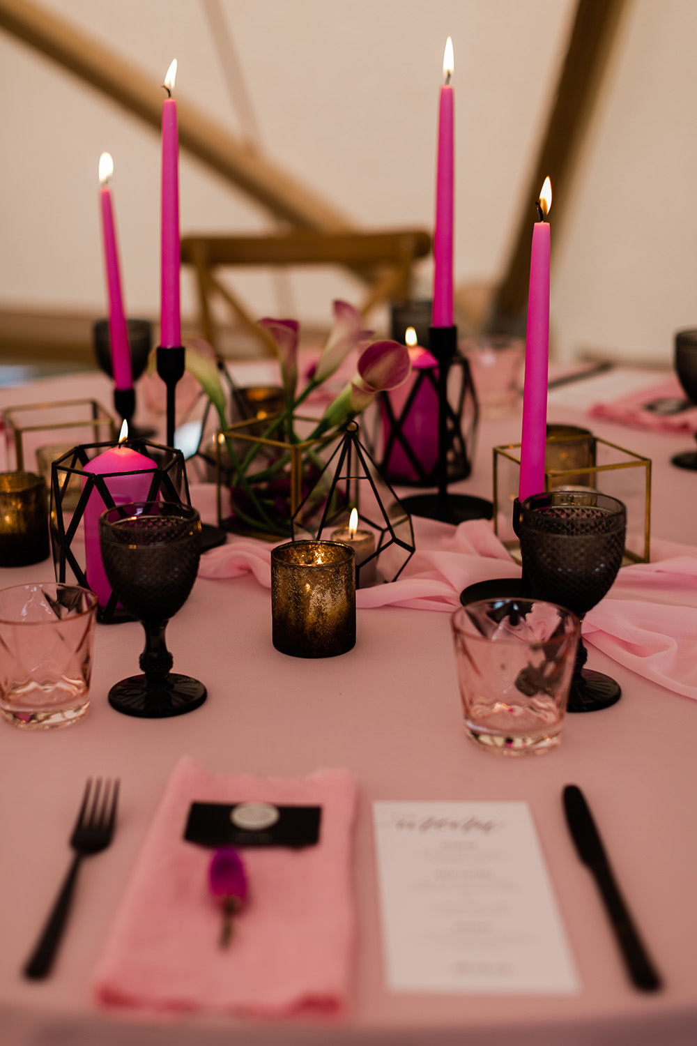 Modern Decor Stationery Table Cloth Runner Black Cutlery Table Candles Pink Geodome Wedding Ideas Louise Henesy Photography