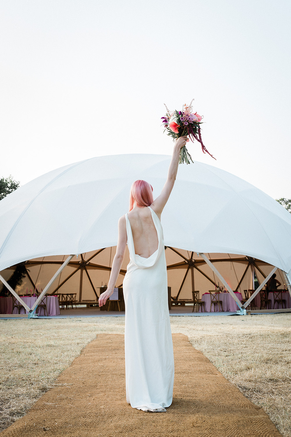 Bride Bridal Dress Gown Modern Sleek Low Cowl Back Hair Fringe Bangs Pink Geodome Wedding Ideas Louise Henesy Photography