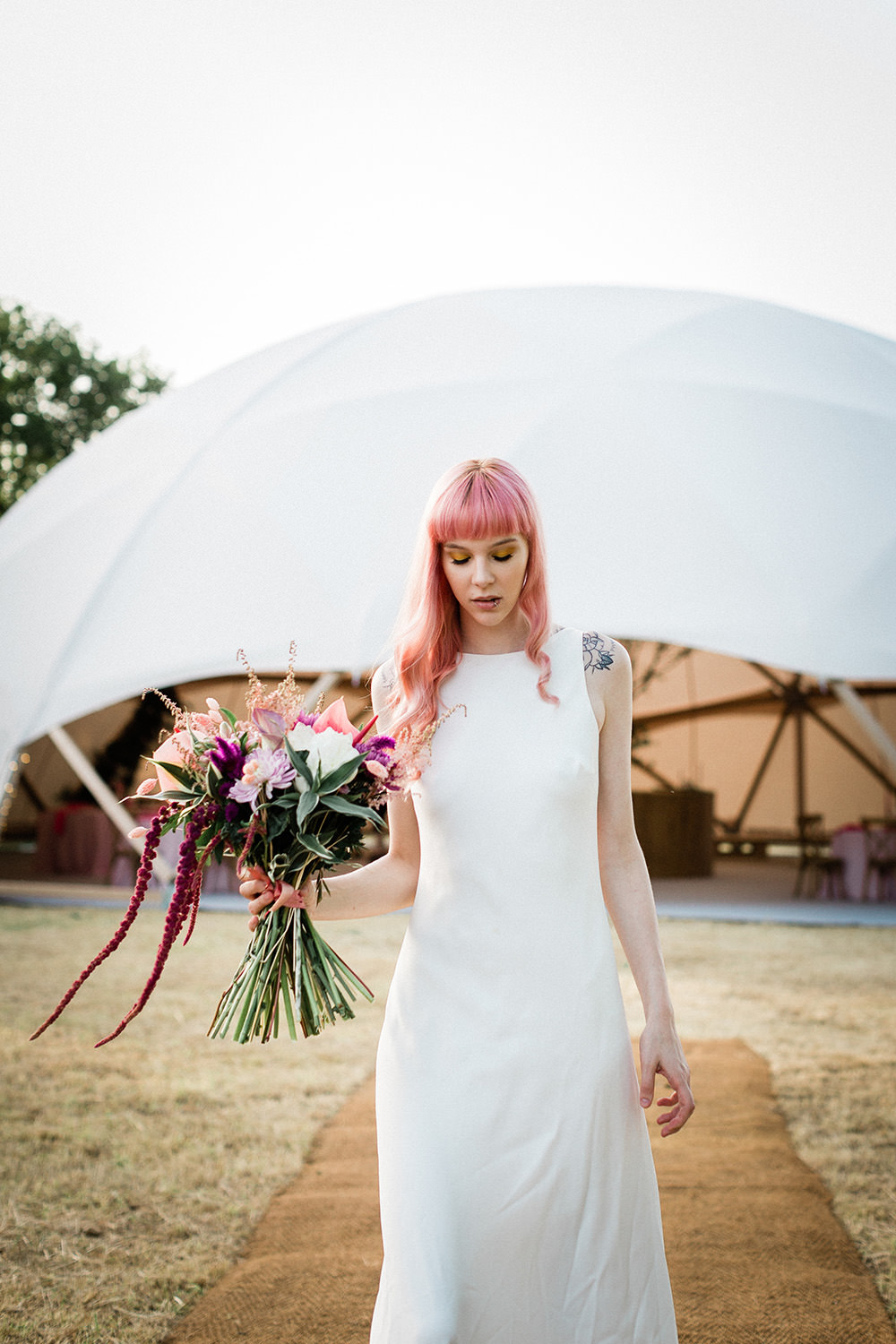 Bride Bridal Dress Gown Modern Sleek Low Cowl Back Hair Fringe Bangs Pink Geodome Wedding Ideas Louise Henesy Photography