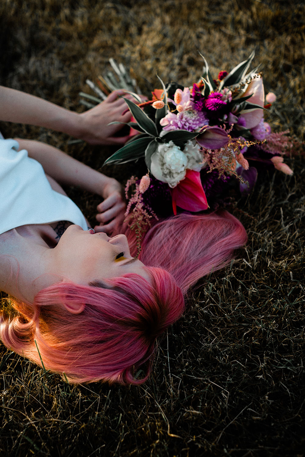 Bouquet Flowers Bride Bridal Astilbe Dahlia Lily Amaranthus Red Pink Geodome Wedding Ideas Louise Henesy Photography