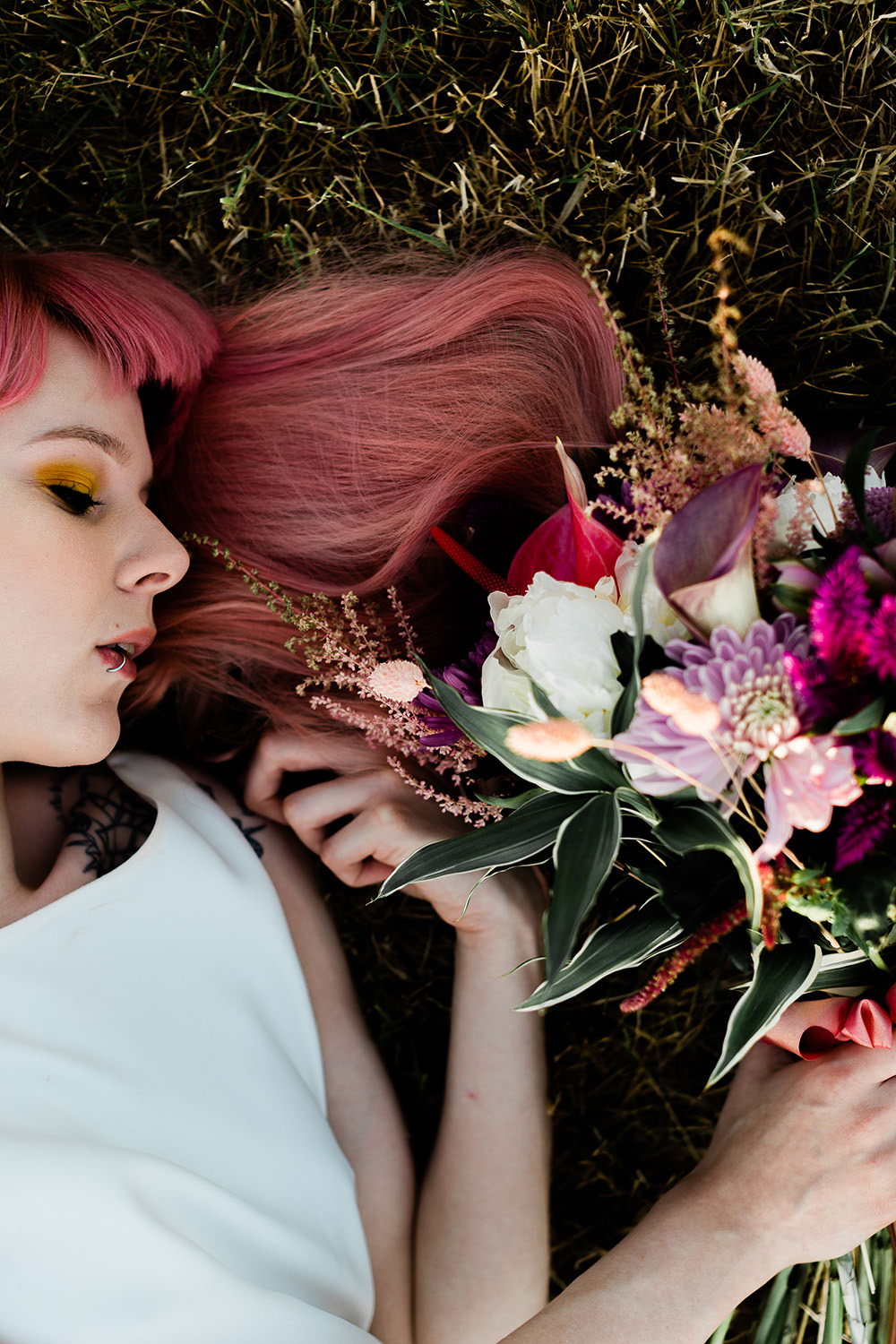 Hair Bride Bridal Fringe Bangs Bouquet Flowers Bride Bridal Astilbe Dahlia Lily Amaranthus Red Pink Geodome Wedding Ideas Louise Henesy Photography