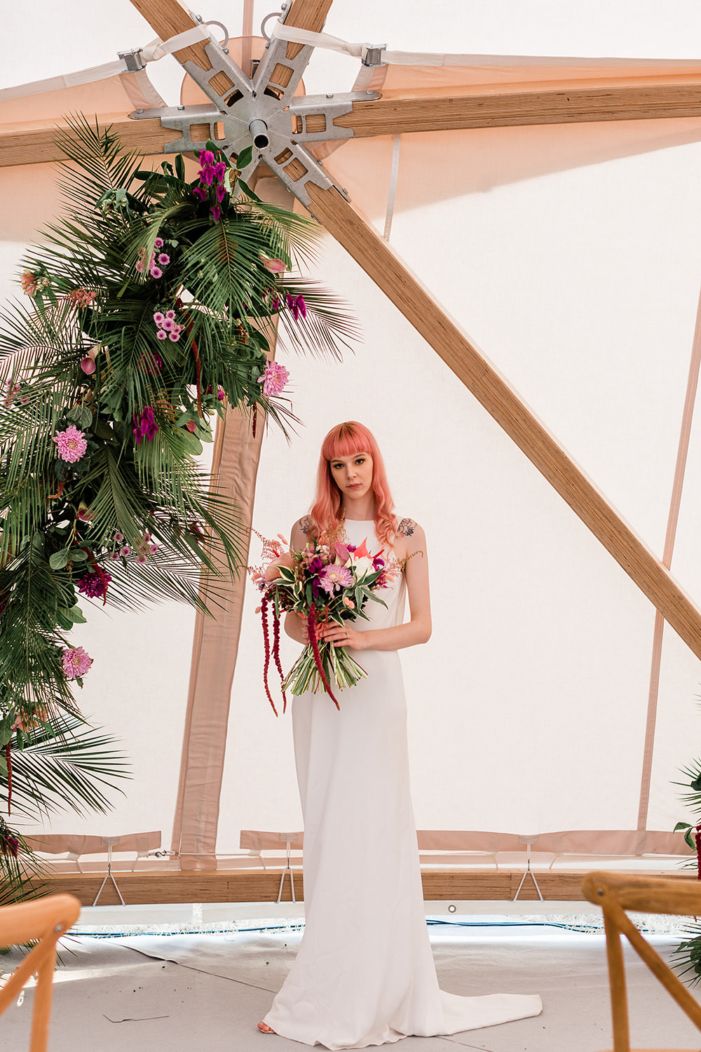 Tropical Flowers Leaves Leaf Installation Arch Pink Geodome Wedding Ideas Louise Henesy Photography