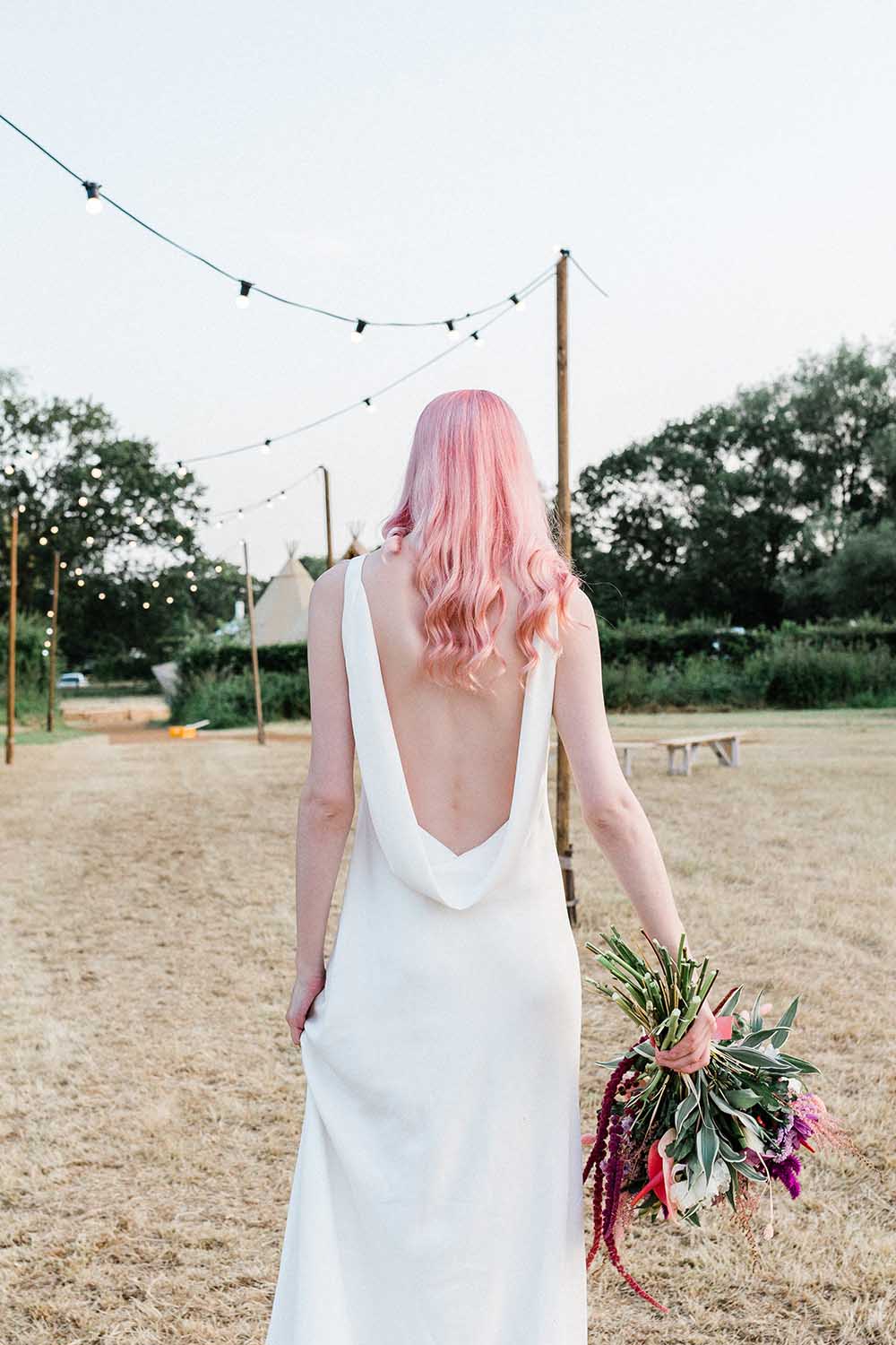Bride Bridal Dress Gown Modern Sleek Low Cowl Back Hair Fringe Bangs Pink Geodome Wedding Ideas Louise Henesy Photography
