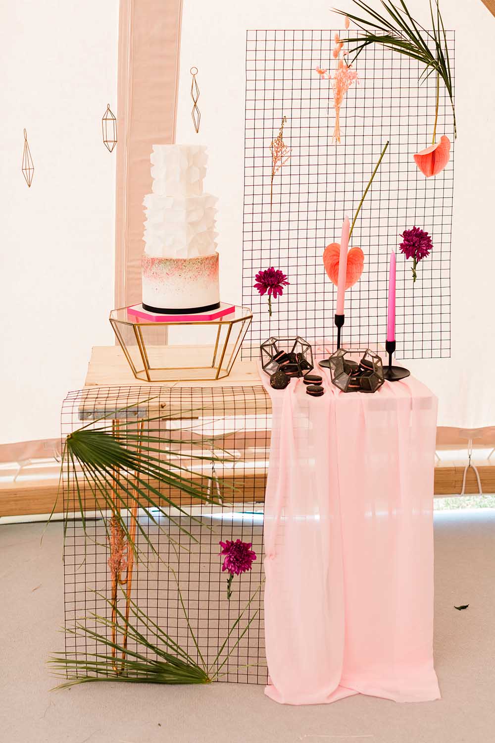 Cake Table Tropical Wire Backdrop Candles Black Pink Geodome Wedding Ideas Louise Henesy Photography