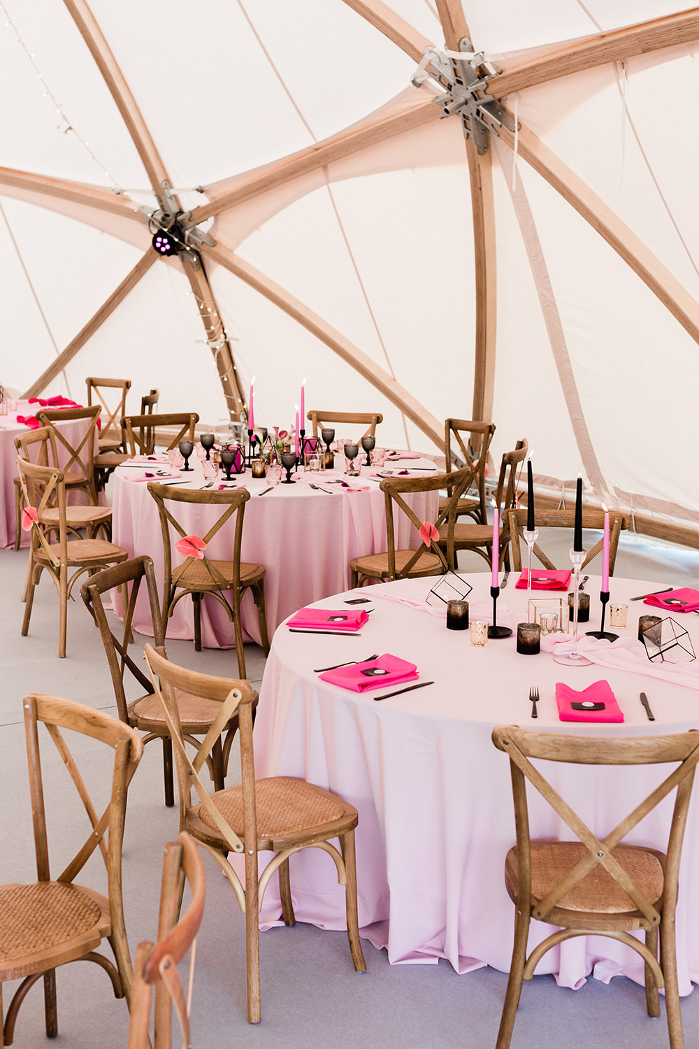 Modern Decor Stationery Table Cloth Runner Black Cutlery Table Pink Geodome Wedding Ideas Louise Henesy Photography