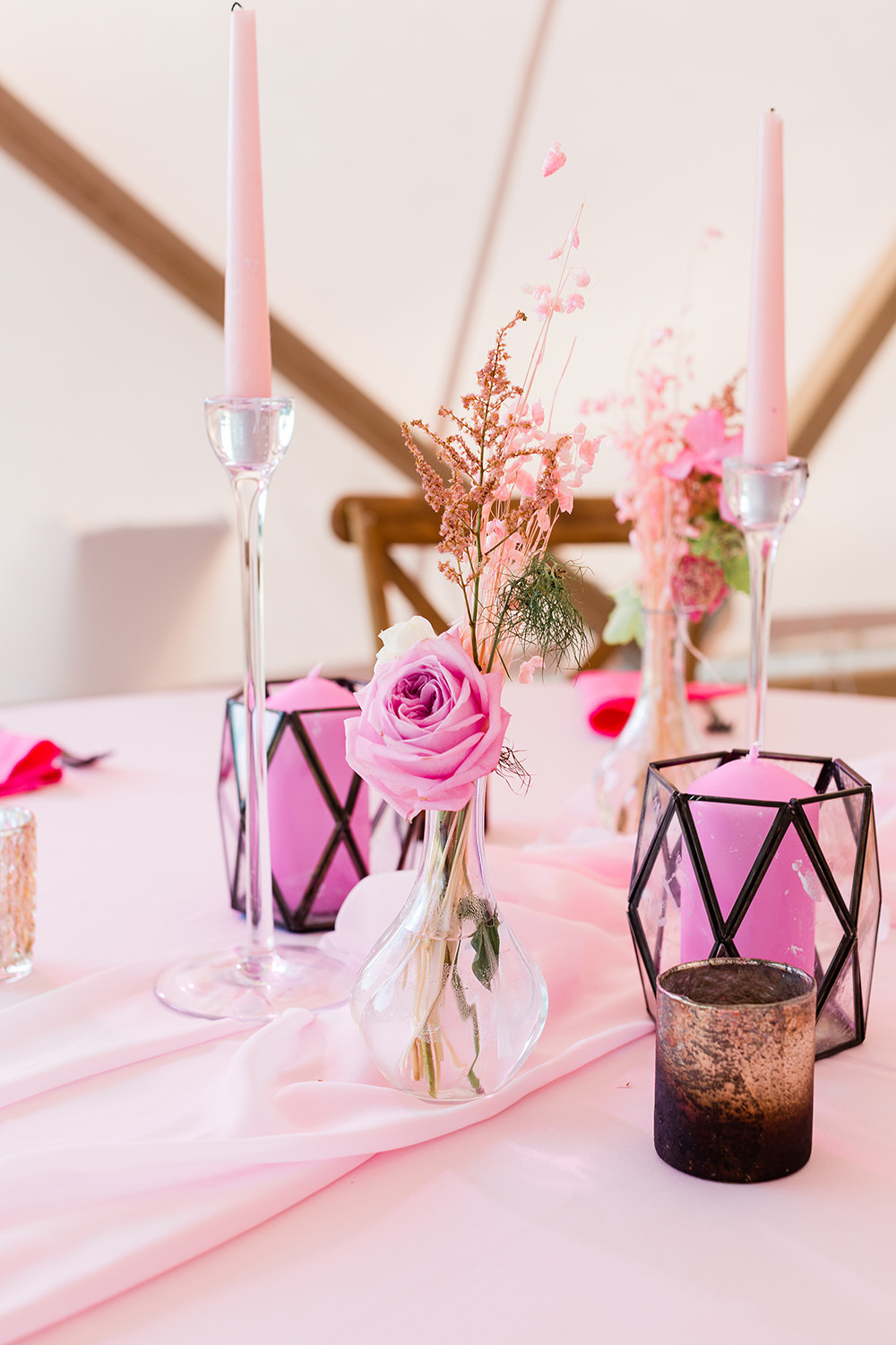 Modern Decor Stationery Table Cloth Runner Black Cutlery Table Candles Pink Geodome Wedding Ideas Louise Henesy Photography