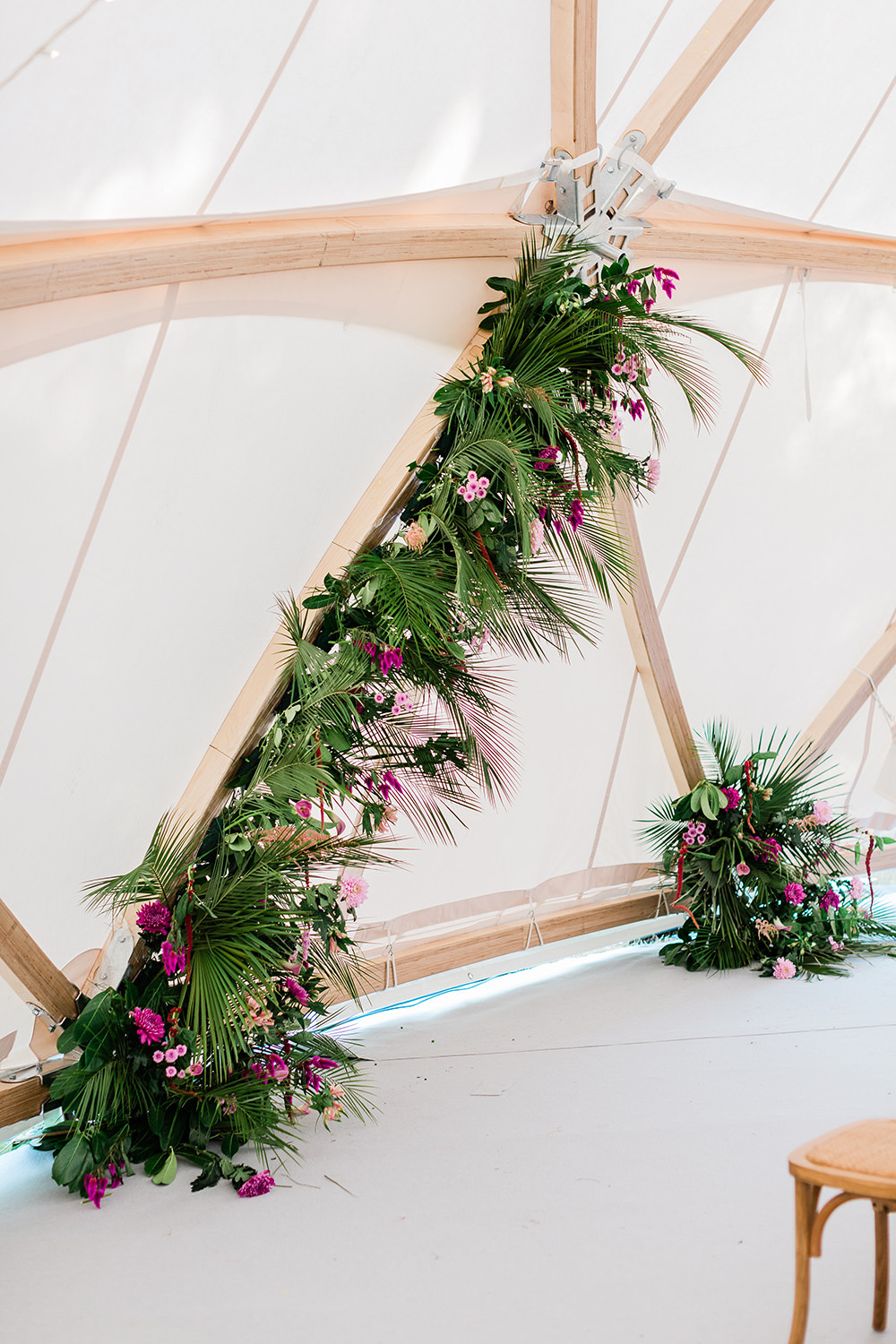 Tropical Flowers Leaves Leaf Installation Arch Pink Geodome Wedding Ideas Louise Henesy Photography