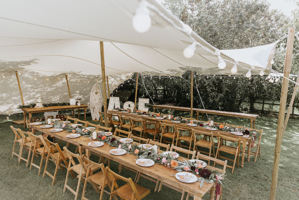 Stretch Tent Outdoor Festoon Lights Long Wooden Antique Tables Chairs Summer Boho Wedding Wild Tide Weddings