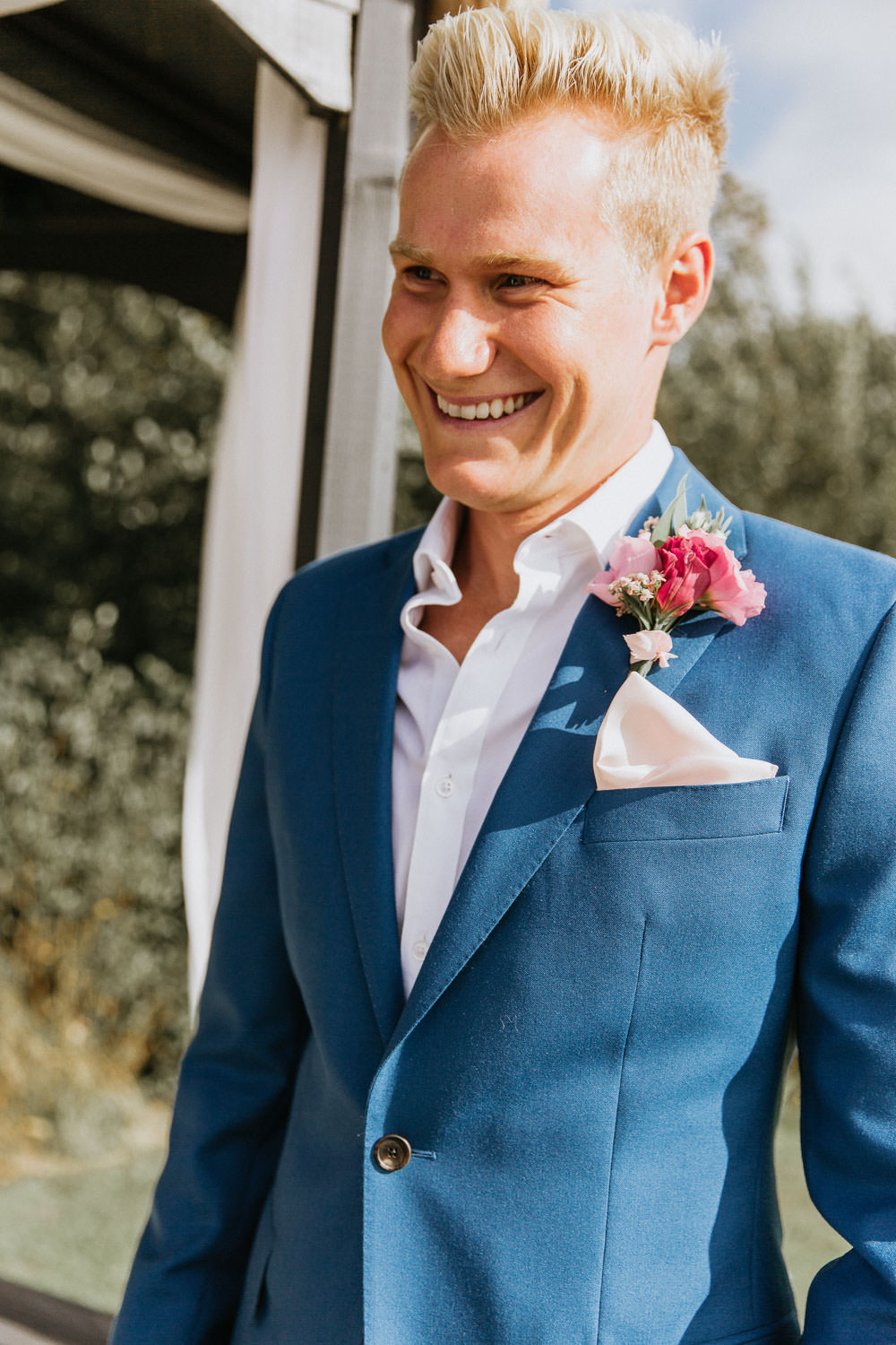Groom Groomsmen Suit Blue Jacket Chinos Shirt Pocketsquare Buttonhole Flowers Summer Boho Wedding Wild Tide Weddings