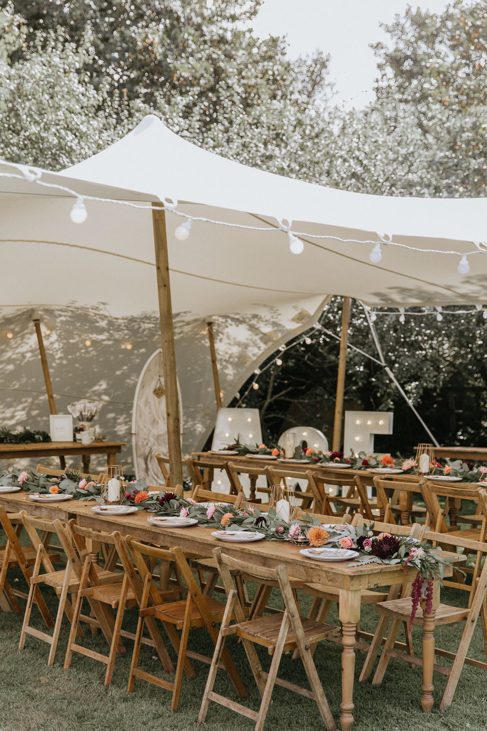 Stretch Tent Outdoor Festoon Lights Long Wooden Antique Tables Chairs Summer Boho Wedding Wild Tide Weddings