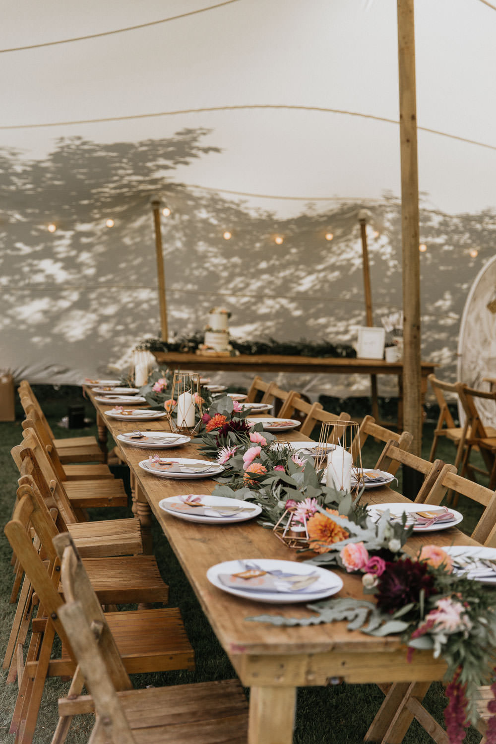Stretch Tent Outdoor Festoon Lights Long Wooden Antique Tables Chairs Flowers Summer Boho Wedding Wild Tide Weddings