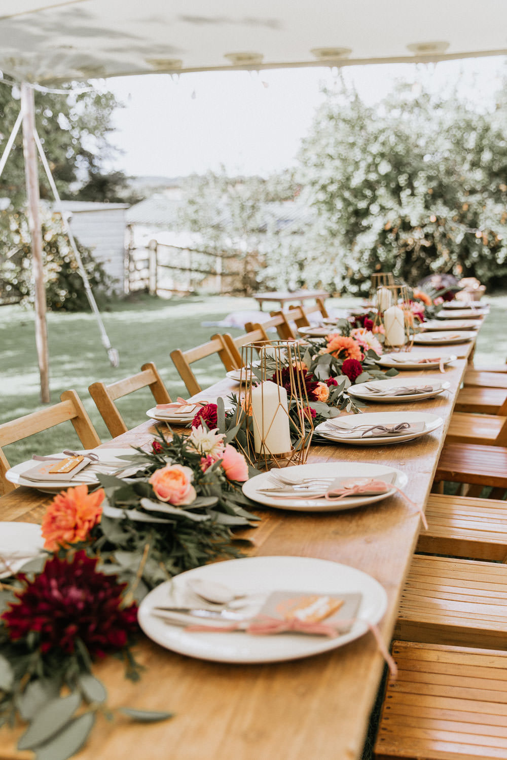 Stretch Tent Outdoor Festoon Lights Long Wooden Antique Tables Chairs Flower Swag Garland Summer Boho Wedding Wild Tide Weddings