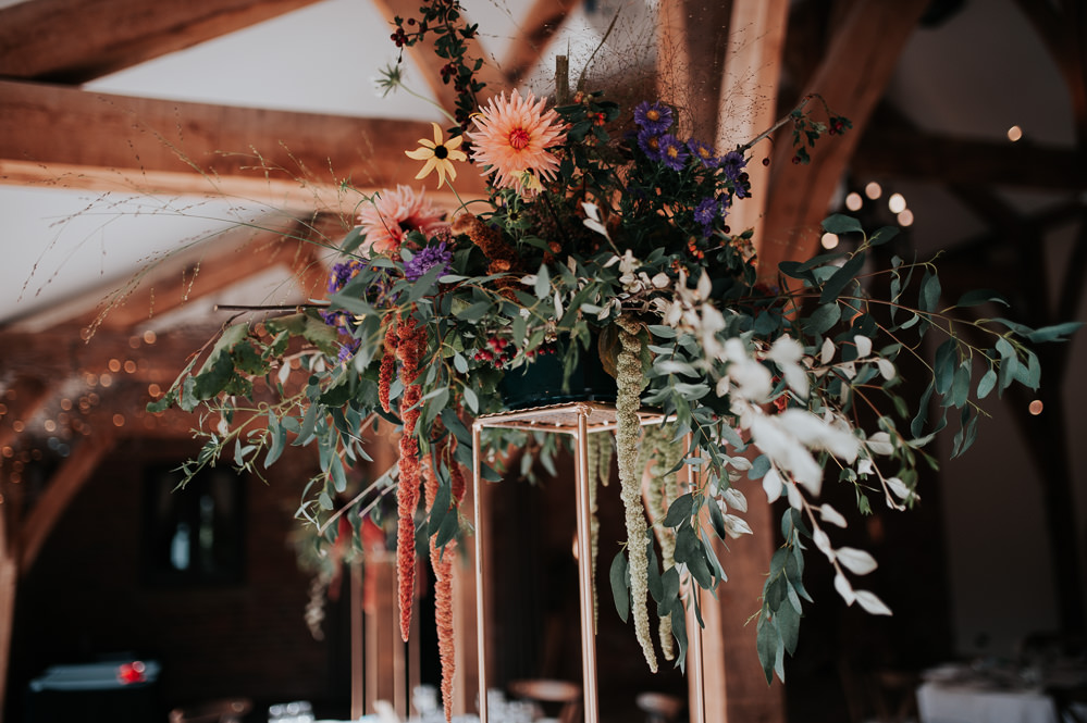 Flower Arrangement Tall Centrepice Greenery Folliage Coral Dahlia Amaranthus Swancar Farm Country House Wedding Maree Frances Photography
