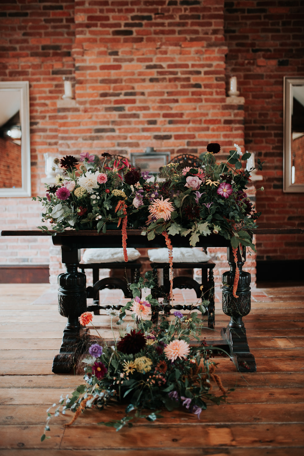 Flower Arrangement Ceremony Table Greenery Folliage Coral Dahlia Amaranthus Swancar Farm Country House Wedding Maree Frances Photography