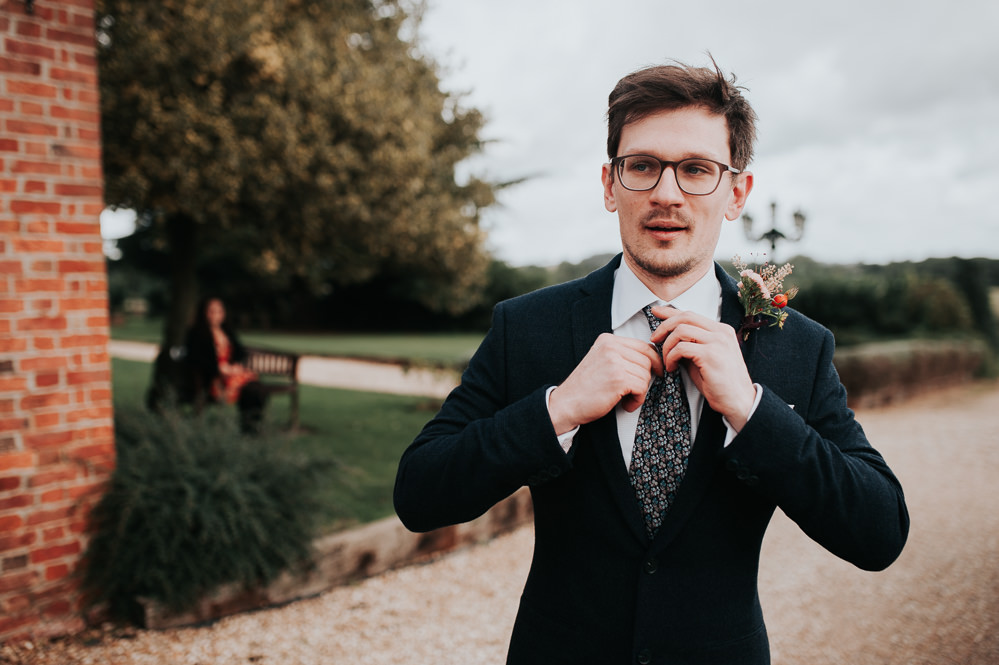 Groom Suit Black Liberty Print Tie Swancar Farm Country House Wedding Maree Frances Photography