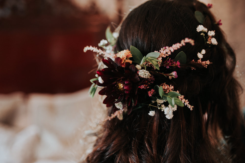 Bride Bridal Flowers Hair STyle Half Up Half Down Swancar Farm Country House Wedding Maree Frances Photography