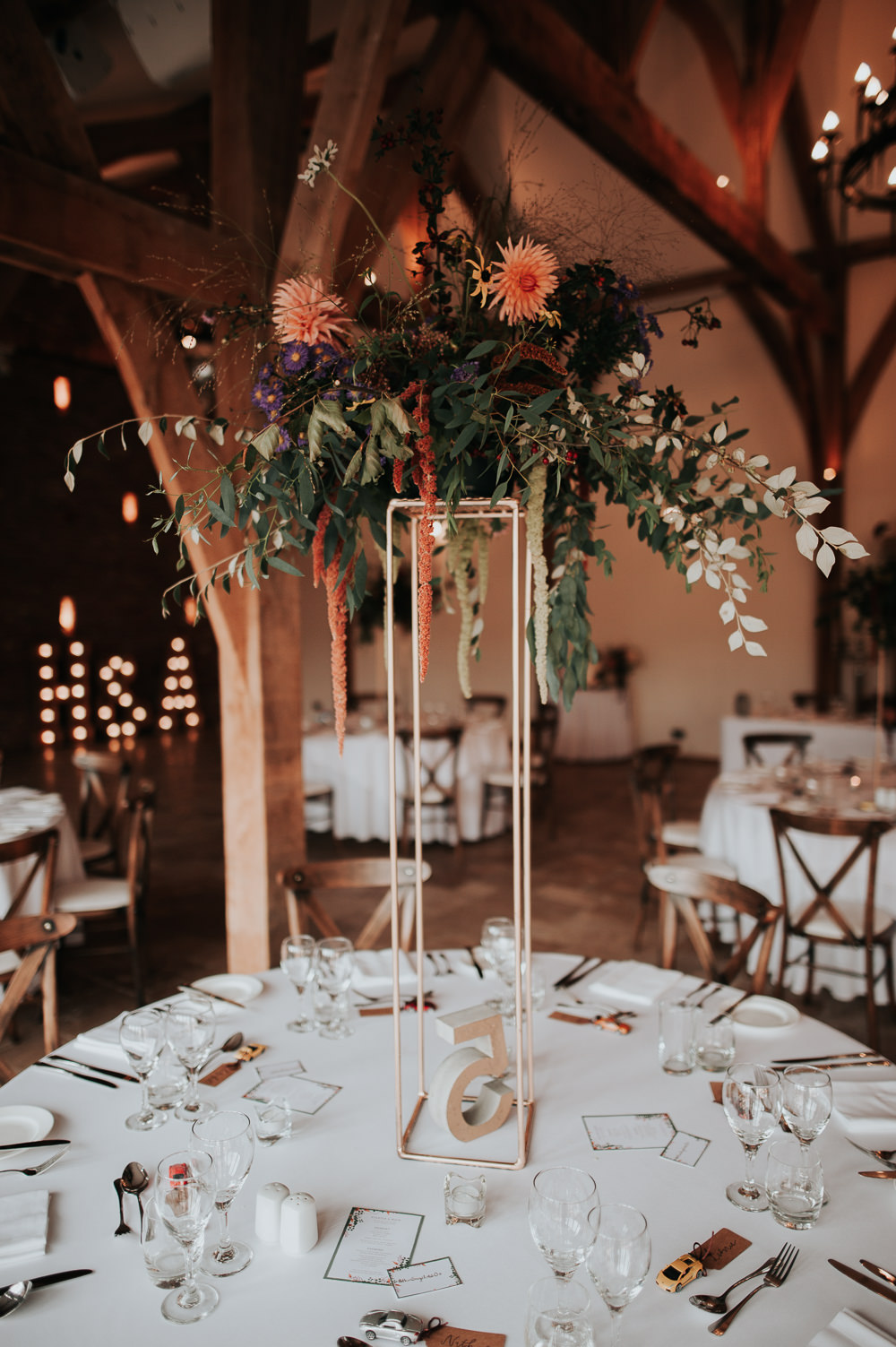 Flower Arrangement Tall Centrepice Greenery Folliage Coral Dahlia Amaranthus Swancar Farm Country House Wedding Maree Frances Photography