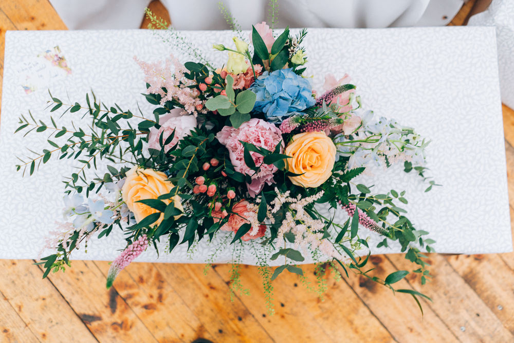Flower Arrangement Ceremony Table Colourful Rose Astilbe Tullibole Castle Wedding Casey Avenue Photography