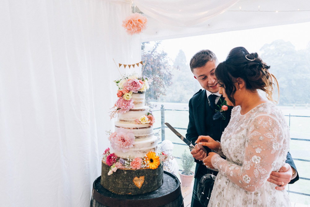 Semi Naked Cake Tall Flowers Floral Bunting Topper Tullibole Castle Wedding Casey Avenue Photography